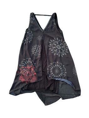 Desigual Y2K Black Abstract Floral Print Sleeveless Mini Dress Boho Art Graphic